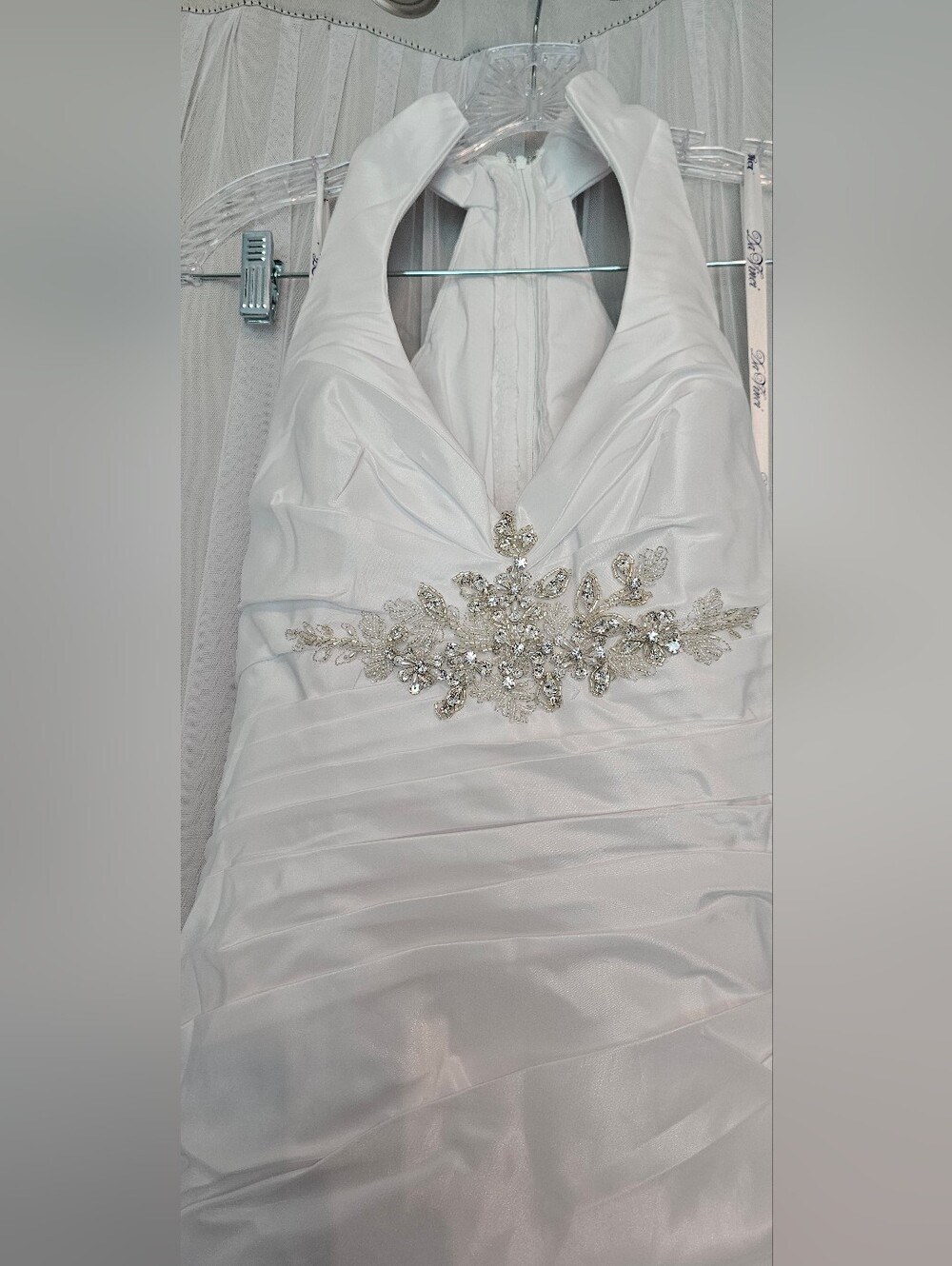 DaVinci Size 8 White Halter Bridal Gown with Crystal Appliqué
